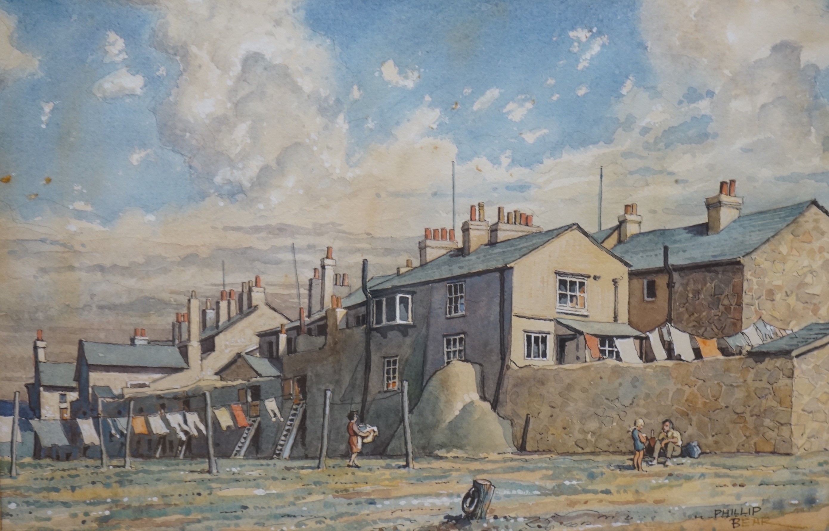 Philip Bear (b.1932), two watercolours, The Old Caledonian Market and Figures beside cottages, signed, 38 x 26cm and 25 x 38cm